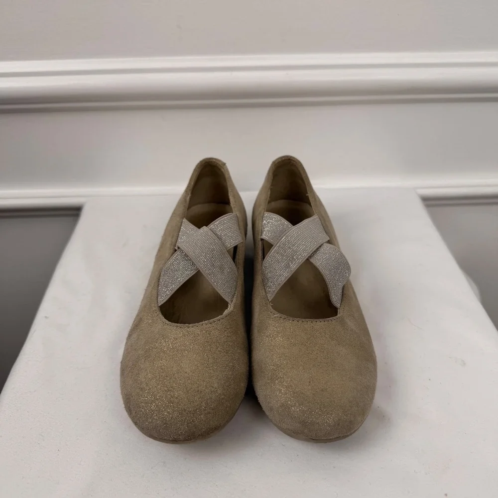 Naturino Girls Gold Suede Shimmer Ballet Flats Elastic Straps Size 30